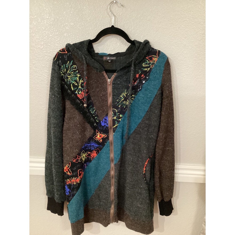Kessley Hooded Zip Up Knit Patchwork Festival Grunge‎ Jacket - Large